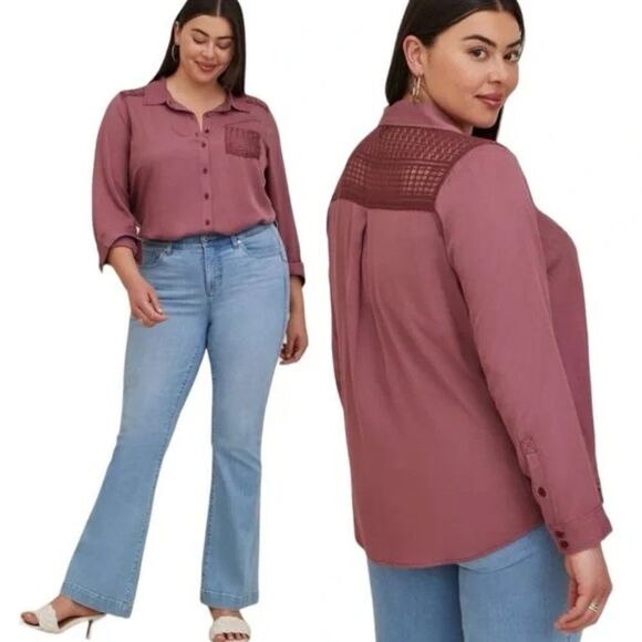 Torrid Lizzie Rayon Twill Crochet Button Up Shirt Long Sleeve Dark Pink Size 6X - Picture 1 of 16